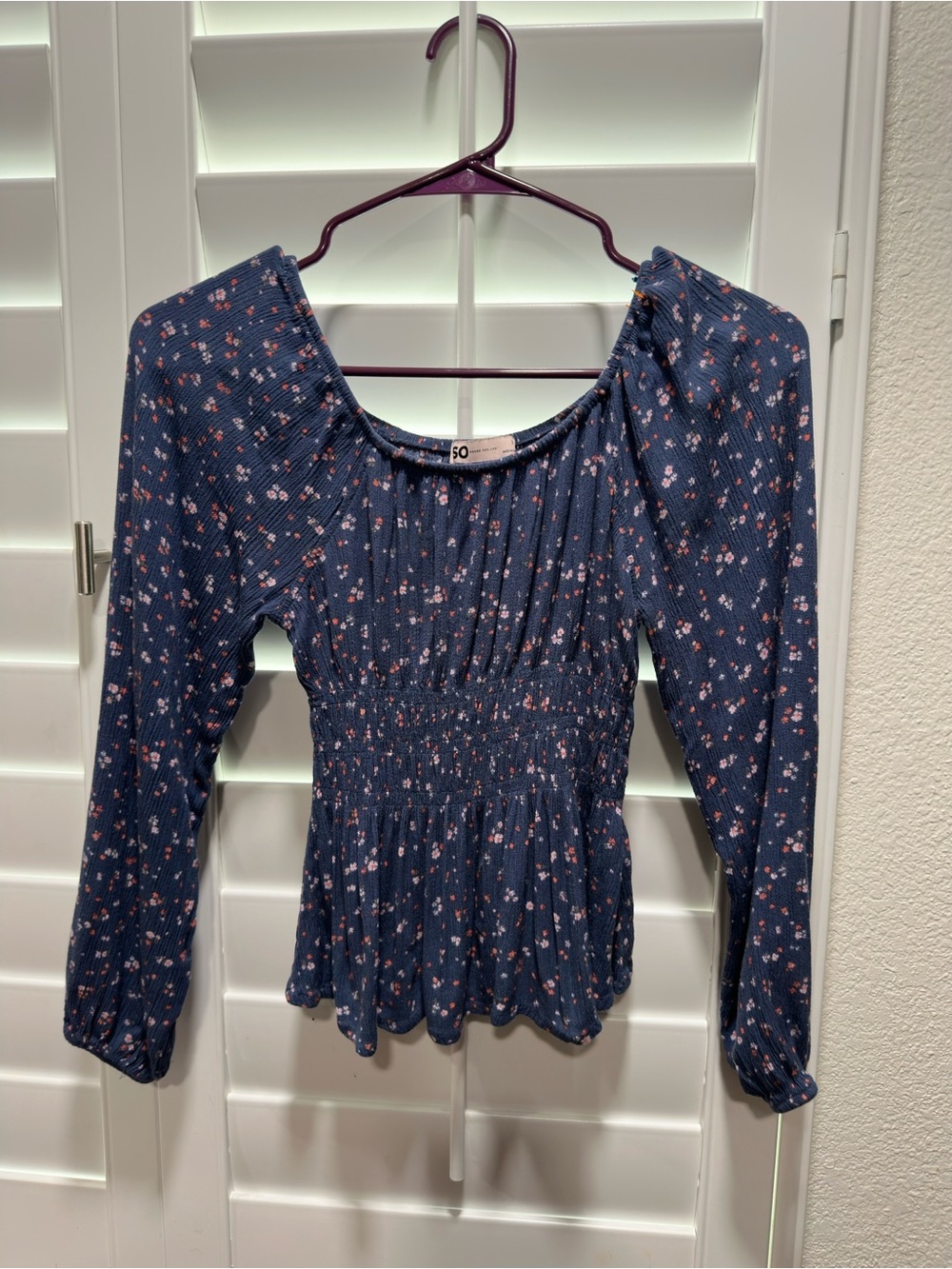 SO Navy Floral Smocked Long-Sleeve Peplum Top